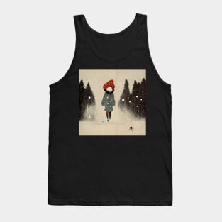 Image of girl in a big red toque walking in the snow as the flakes begin to fall. Tank Top